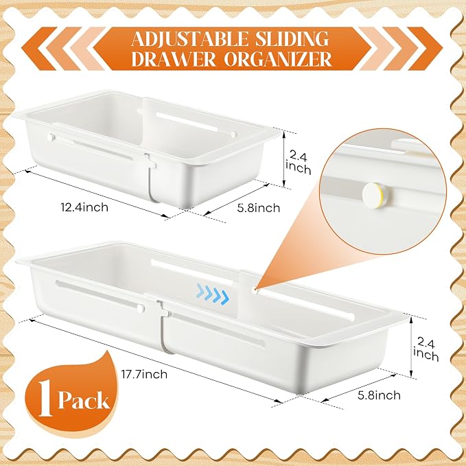 1 Pack Deep Drawer Organizer Adjustable Storage Bin(12.4-17.7") | Adjustable Width Design, Maximize Drawer Storage, Kitchen & Home Organization Solution