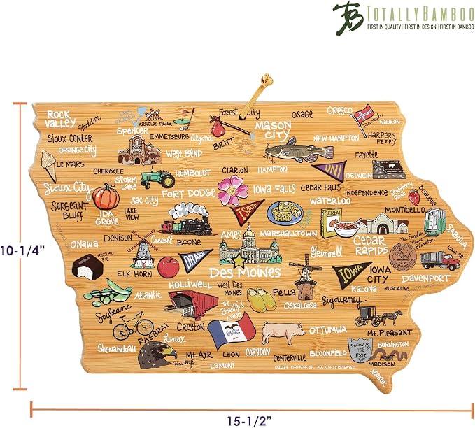 Totally Bamboo Iowa State Shaped Cutting Board, Art by Fish Kiss | State charcuterie board with colorful hand-drawn map artwork. Smooth reverse side for food prep. Hang tie for wall display.
