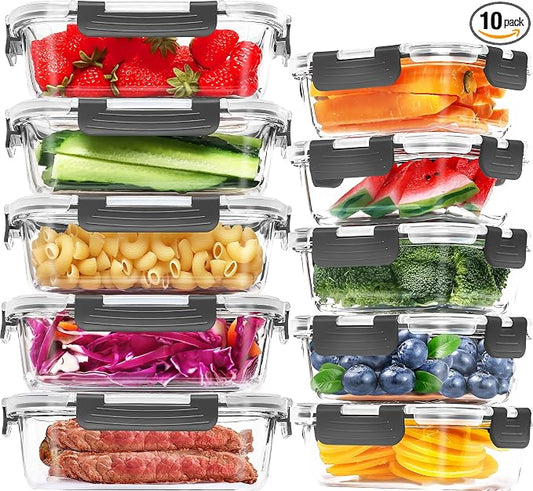 10-Pack Large Glass Meal Prep Containers, Food Storage Containers with Lids | Pantry Kitchen Organizers and Storage, Glass Lunch Bento Boxes for Microwave, Oven, Freezer and Dishwasher, Leak Proof, Grey