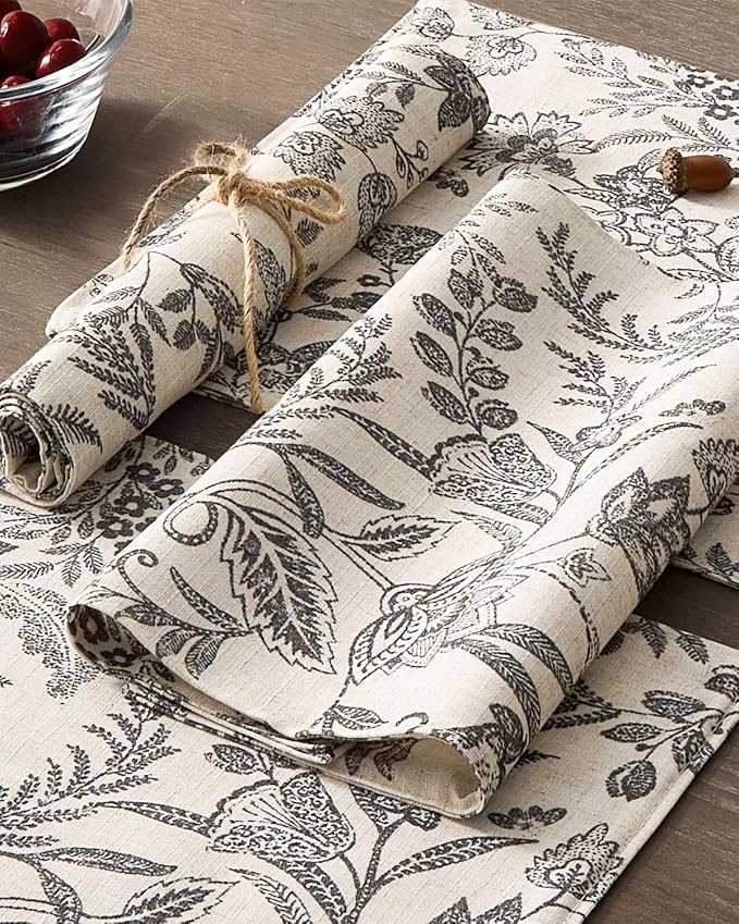 JINCHAN Linen Floral Placemats Set of 4 Farmhouse 13x19 Inch Black | Fabric Placemats, Cottage Style, Vintage Botanical Pattern, Machine Washable, Easy to Store, Reusable