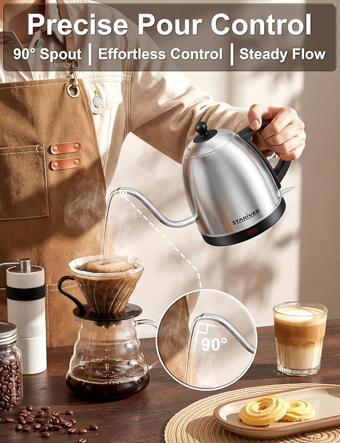 Stariver Gooseneck Electric Kettle, 1L Stainless Steel Pour Over Tea Pot | Fast Heating, Auto Shut-Off, Boil-Dry Protection, BPA-Free, for Pour Over Coffee, Tea, Drip Brew, Home or Office