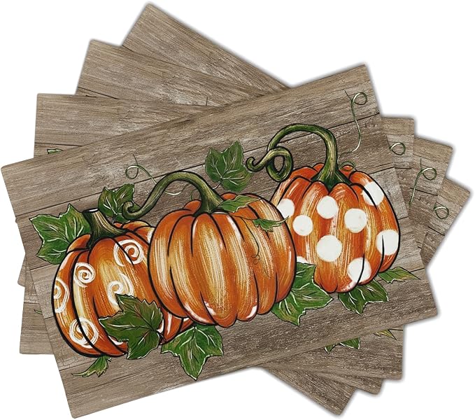 Thanksgiving Placemats Set of 4 18x12 Inch Autumn Pumpkins Thankful Linen Place Mats Heat-Resistant Washable Wipeable Fall Seasons Holiday Table Mat for Party Kitchen Dining Room Dinner Table Decor