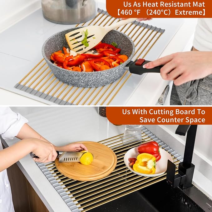 Extra Large Golden Roll-UP Dish Drying Rack-Stainless Steel Dish Drainer Over The Sink for Kitchen Countertop,Applicable for Sink Width Less Than 19in (Gold,20.5'x 13.2')