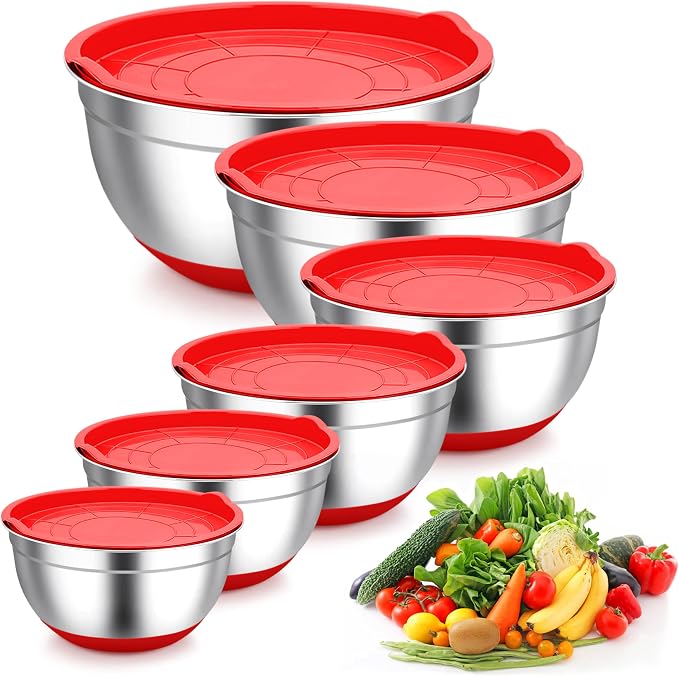 TeamFar Mixing Bowls, Stainless Steel Salad Bowls with Lids - Red | Nesting Bowls with Non-slip Bottom, for Kitchen Baking Preparing Serving, Stackable & 6PCS - 4.6 /2.6 /2 / 1.5 /1 / 0.7 Qt