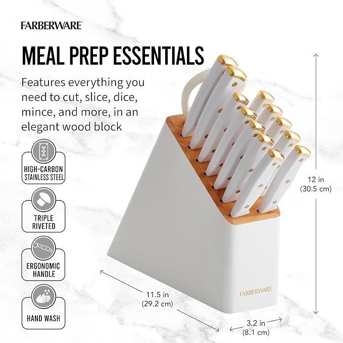 Farberware 15-Piece Knife Block Set, High-Carbon Stainless Steel Kitchen Knife Set with Triple Rivet Gold Endcap Handles and Slim Wood Block, White