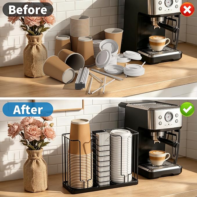 Coffee Cup and Lid Holder, All-Metal 3-Compartment Organizer Rack | 18oz Disposable Cup, Cup Lid and Straw Storage for Countertop, , Kitchen, Office Breakroom, Coffee Bar Accessories, Black