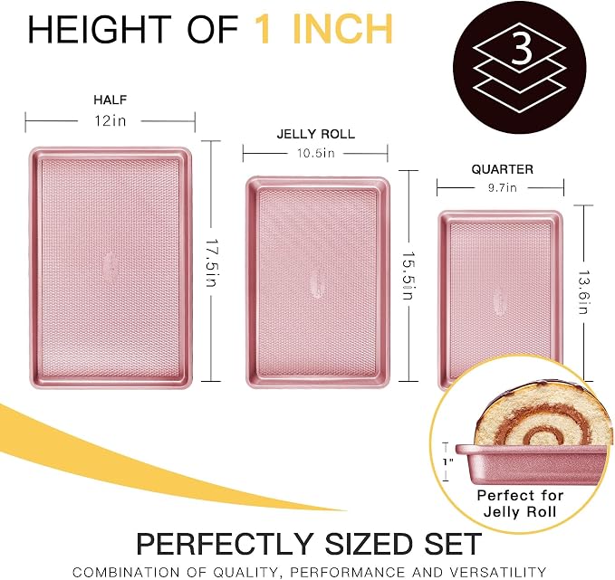 Baking Sheet Pan Set, Cookie Sheets for Oven, Nonstick Half/Quarter/Jelly Roll Pans with Diamond Texture Pattern, Heavy Duty Cookie Tray, Pink