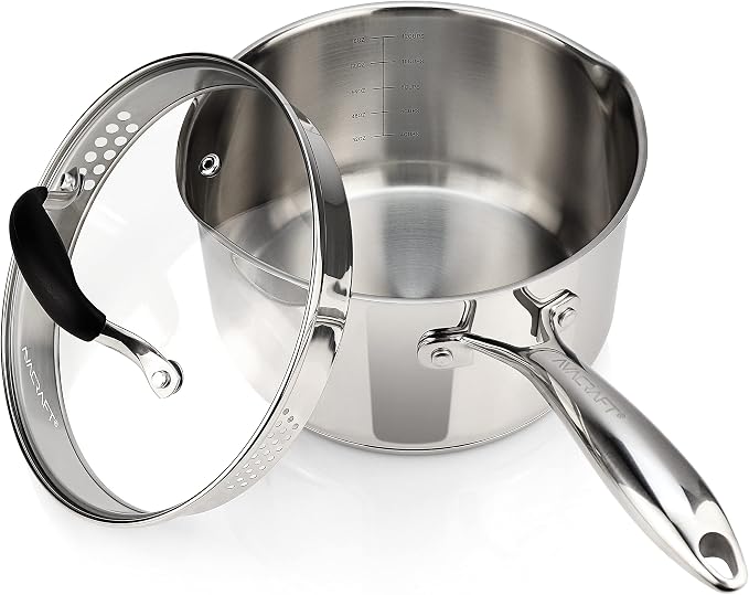 AVACRAFT 3.5 Quart Stainless Steel Saucepan with Glass Strainer Lid | 18/10 Stainless Steel, 5-Ply Capsule Base, Dual Pour Spouts, Induction Compatible, Ergonomic Handle, Dishwasher Safe
