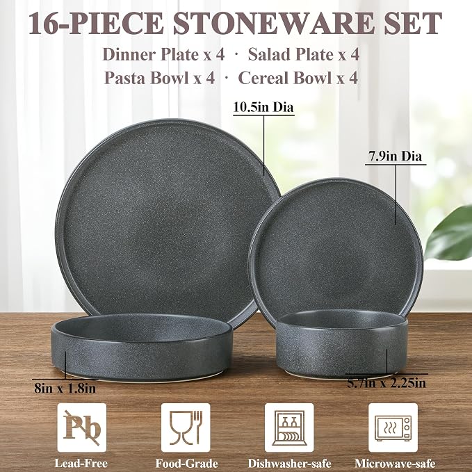 Herogo 16 Piece Plates and Bowls Set, Ceramic Dinnerware Sets with Pasta Bowls, Kitchen Dinner Ware Dishes Service for 4, Chip & Scratch Resistant Dishware, Dark Gray