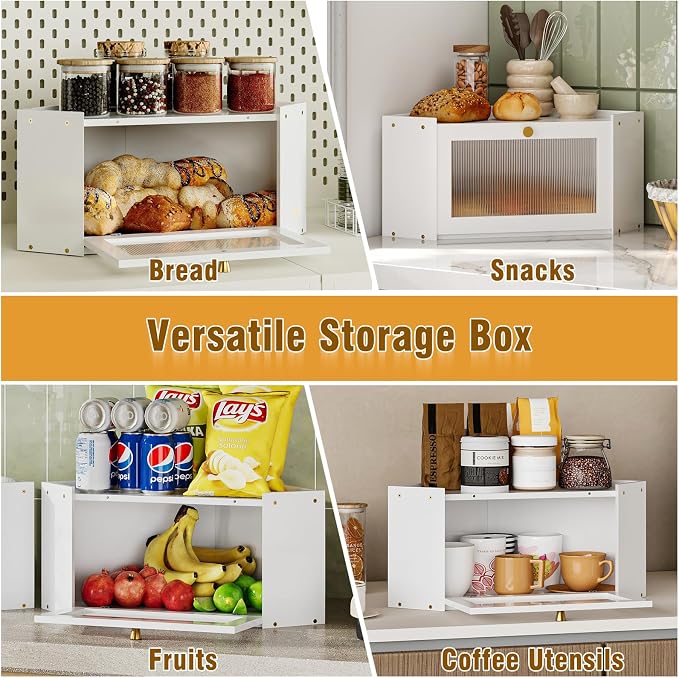 Trironsun Corner Bamboo Bread Box for Kitchen Counter Large Capacity Rustic Bread Storage Container with Wavy Arcylic Transparent Door Vintage Storage for Homemade Bread (White)