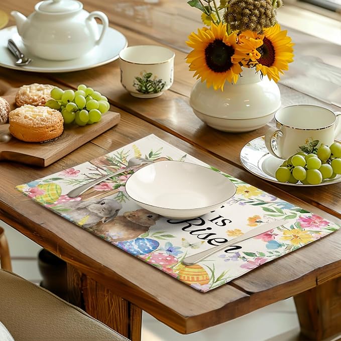 He is Risen Easter Placemats Set of 4 12x18 Inch Bunny Floral Cross Table Mats Spring Rabbit Flowers Eggs Place Mat for Dining Table Party Kitchen Decoration