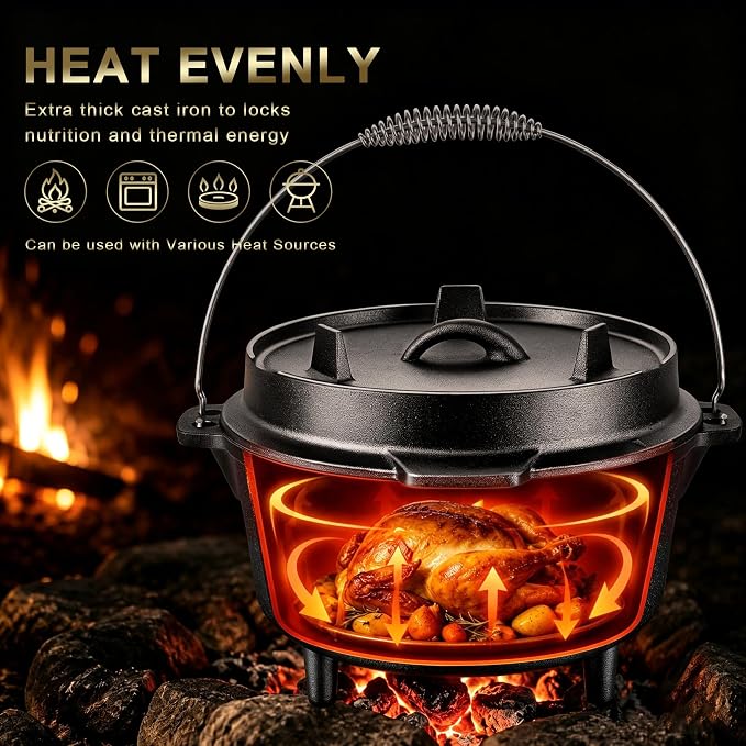 Joyfair Pre-seasoned Cast Iron Camp Dutch Oven, 7.6QT Pot & 2QT Skillet Lid | Open Fire Camping Cookware Set For Outdoor Campfire Cooking - Stewing Chicken,Baking Sourdough Bread, Plus Cleaner, Oven Safe