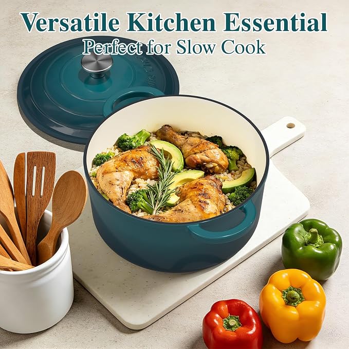 Umite Chef 7QT Enameled Cast Iron Dutch Oven with Lid & Cotton Potholders–Heavy-Duty Cookware for Bread Baking, Braising, Stews, Marinate, Cook(Emerald)