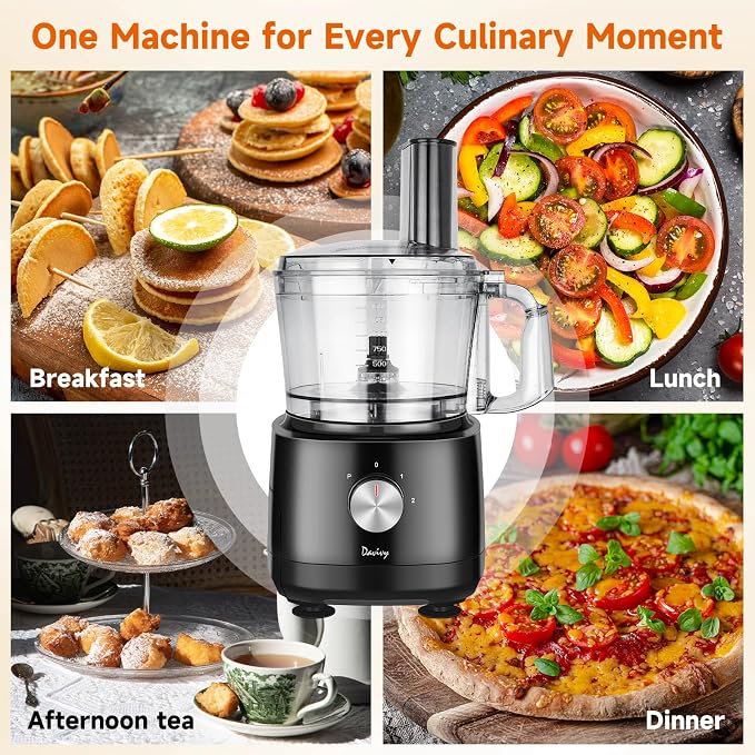 Davivy 7-Cup Food Processor with Storage Drawer, 9-Blade for Home Meal Prep | Cheese Grate, Wavy Slicer Meat Chopper, Dough Kneading, Veggie Salad Shred, French Fries for Party, healthy Snacks, baby food