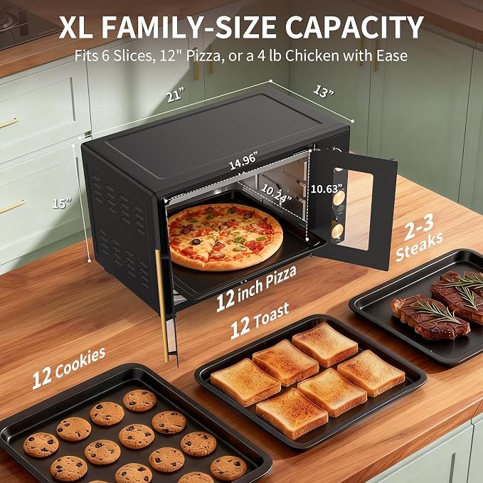 VBGK French Door electric Knob Oven, 35 QT Extra Large Oven,18-Slice Convection Oven3-Control Knobs, Bake Broil Toast Grilled Meat Keep Warm, black Metal,Equipped with a tray and a rack.