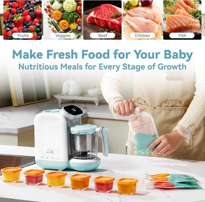 Baby Food Maker with Stainless Steel Steam Basket, One-Step Steam & Blend | All-in-one food processor with BPA-free food-contact parts, adjustable textures, 6 food pouches, plus a recipe guide.