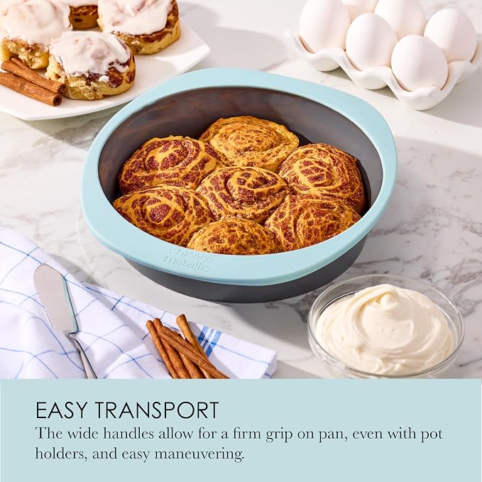 Chicago Metallic 8 Inch Silicone Round Cake Pan - Nonstick Bakeware with Wire-Reinforced Rim, Oven Safe to 428F, Flexible Food-Grade Silicone for Easy Release, Dishwasher Safe
