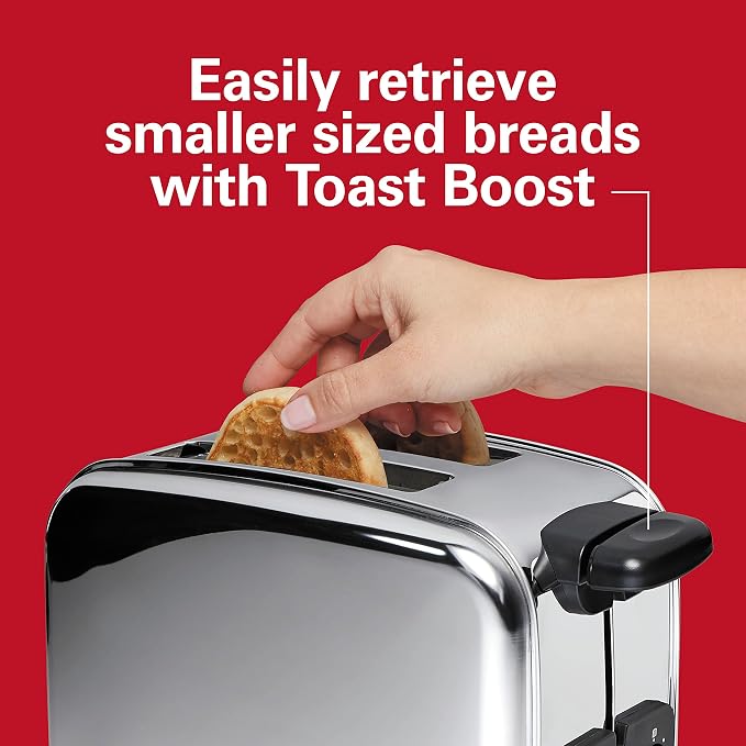 Hamilton Beach Retro 2 Slice Toaster With Sure-Toast Technology, Wide Slots | Browning Control With 9 Shades | Auto Shutoff | Bagel, Defrost, Cancel | Toast Boost | Polished Stainless Steel | 22782