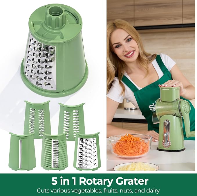 SUSTEAS Rotary Cheese Grater 5 Blades,Kitchen Mandoline Vegetable Slicer | Easy to Clean,Strong Suction Base,Blades Storage Box,Round Mandoline Slicer & Food Chopper for Cheese,Salad,Nut, Retro Green