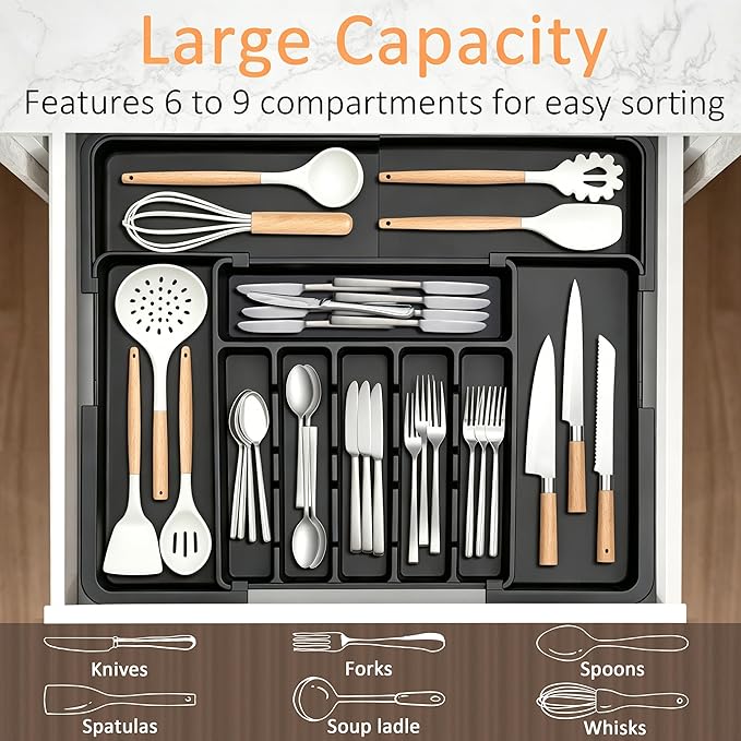 Silverware Organizer Expandable Kitchen Utensil Drawer Organizer Large BPA Free Adjustable Cutlery Silverware Tray for Spoons Forks Knives Storage Divider for Kitchen Flatware 6-9 Slots Black