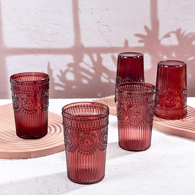Ciaell 12 Pack Burgundy Plastic Water Glasses for Parties Dinners | 14 oz Burgundy Embossed Ribbed Vintage Drinking Cups, Heavy Duty Plastic, Beer Juice Cocktails for Outdoor Bars Showers