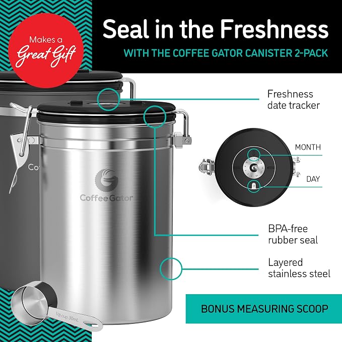 Coffee Gator Coffee Canister, 2Pack 22oz Stainless Steel Container | w/ Date Tracker, Scoop, Valve, Kitchen Food Storage Jars for Beans, Ground, Tea, Sugar, Cookie, Bar Accessories, Gray&Silver