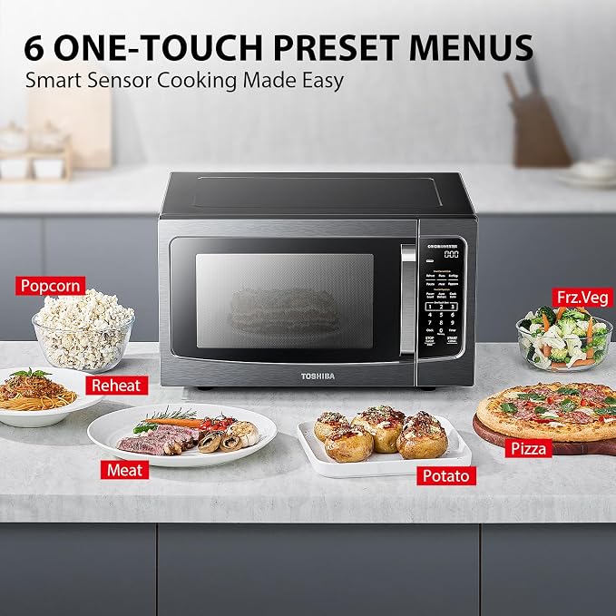 TOSHIBA Countertop Microwave Oven with Inverter Technology, 1.6 Cu.Ft | Smart Sensor, Auto Defrost, 13.6" Turntable, Kitchen Essentials, 1250W, Black Stainless Steel