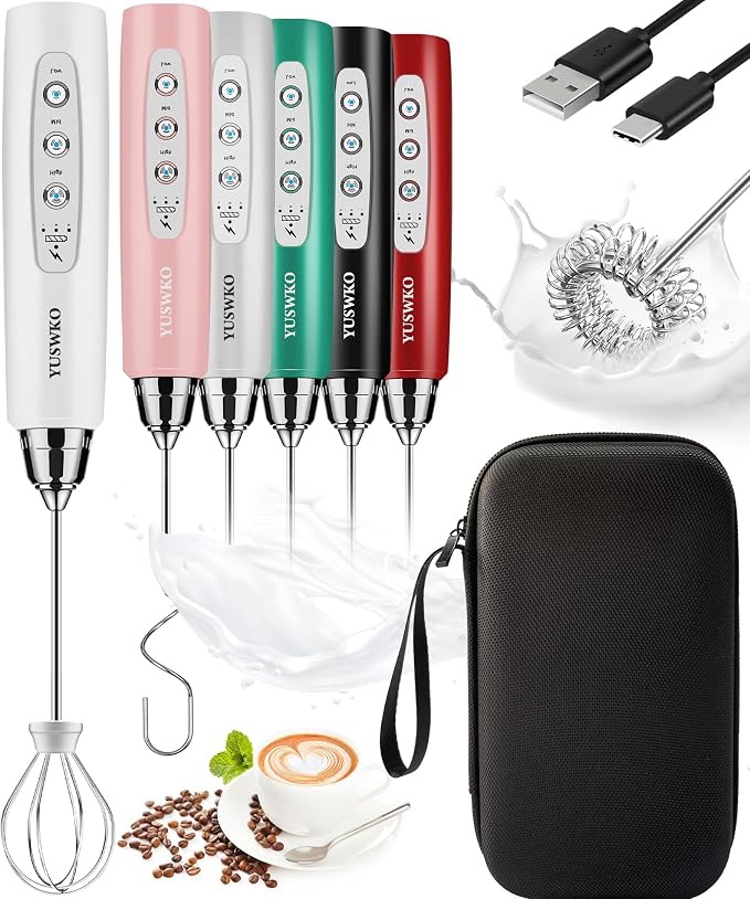 YUSWKO Handheld Milk Frother Wand for Coffee, Rechargeable Electric Whisk with 3 Heads 3 Speeds Drink Mixer Coffee Frother For Latte, Cappuccino, Hot Chocolate, Egg, White with Bag