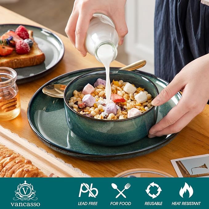 vancasso Starry 18 Pieces Dinnerware Sets for 6, Green Reactive Glaze Dishes Sets, Ceramic Plates and Bowls Set, Dinner Salad Dessert Plates, and Cereal Bowls Set, Dishwasher and Microwave Safe
