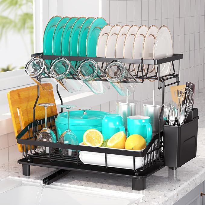 Dish Drying Rack - 2 Tier Large Capacity Dish Rack- Dish Racks for Kitchen Counter with Drainboard, Rustproof Dish Drainer with Removable Utensil Holder,Cutting Board Holder,Cup Holder, Black
