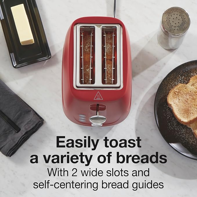 Proctor Silex 2 Slice Toaster With Bagel, Defrost & Cancel Buttons | Browning Control With 7 Shades | Auto Shutoff | Wide Slots | Toast Boost | Slide-Out Crumb Tray | Red | 22661