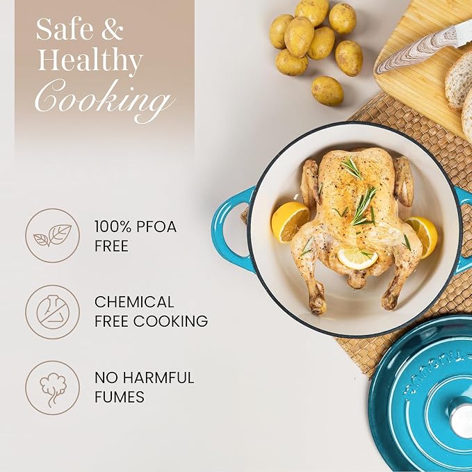 Nuovva Enamelled Cast Iron Dutch Oven Pot with Lid 6.4 Quart Non Stick Casserole Pot-Heavy Duty & Oven Safe up to 500° F for Bread Baking, Braising, Stews, Roasting - 28cm Light Blue