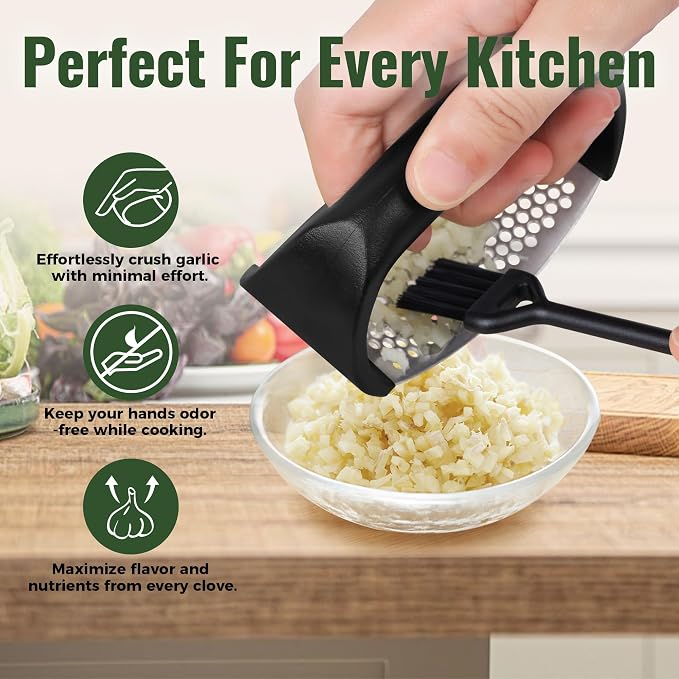 Pomyter Garlic Press Rocker, Stainless Steel Garlic Mincer and Garlic Crusher, Easy-Squeeze Garlic Tool with Peeler and Cleaning Brush for Smashing Garlic