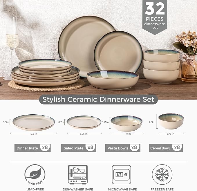 GBHOME Dinnerware Sets for 8, 32 Pieces Ceramic Plates and Bowls Set | Scratch Resistant Stoneware Dishes Set, Dishwasher & Microwave Safe, Reactive Glaze-Pale Khaki