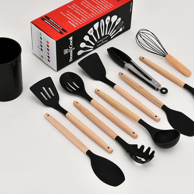 Silicone Utensils Set for Cooking - 12 Piece Set&BPA Free（Black） | Heat resistance: 446°F、dishwasher safe、non-toxic / BPA free、for nonstick cookware & baking
