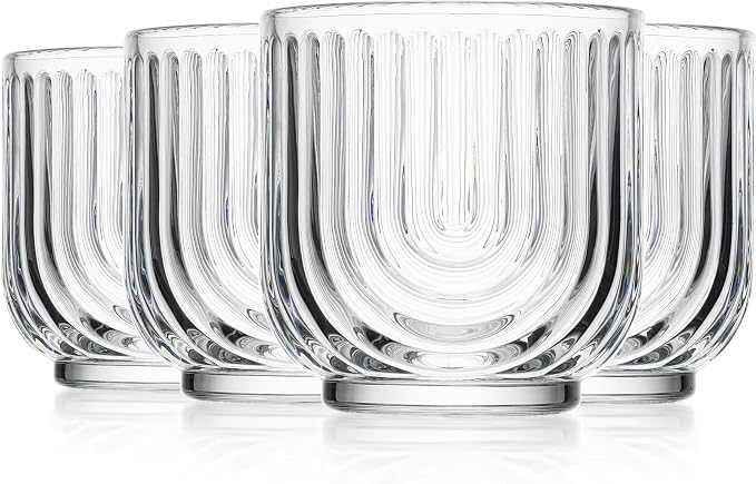 Glaver's Vintage Glassware Art Deco Glasse Ribbed Drinking Glasses U-Shape Arch Design Colored Cocktail Kitchen Tumblers Everyday Dinner Decorative Party (Clear S/4 11oz)