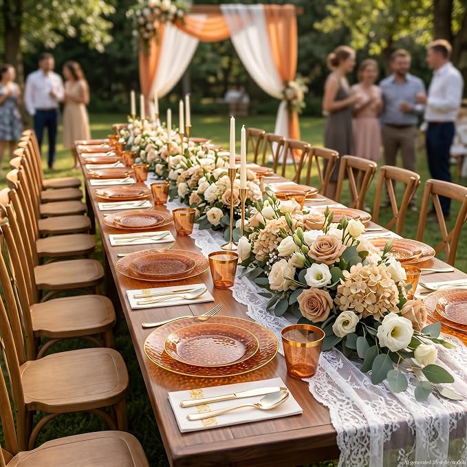 DaYammi 175PCS Clear Amber Plastic Dinnerware Set, Plastic Plates Disposable Hammered Disposable Plates for Party, Include: 25 Dinner Plates 25 Dessert Plates 75 Gold Silverware 25 Napkins 25 Cups