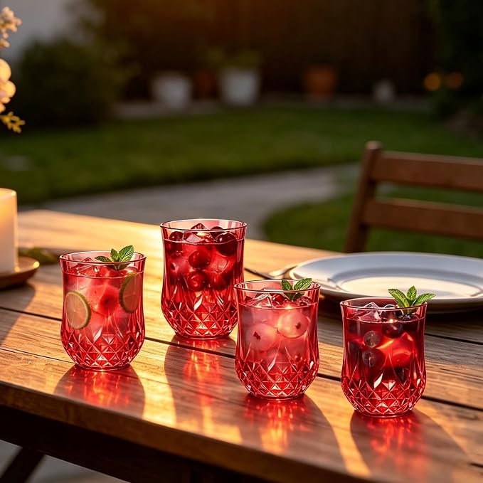 24 Pack 12 Oz Plastic Stemless Wine Glasses, Red | Unbreakable, Reusable, Elegant Vintage Design, Fancy Cocktail Cups, Whiskey, Champagne, Wedding, Party, Bars, Holiday Events