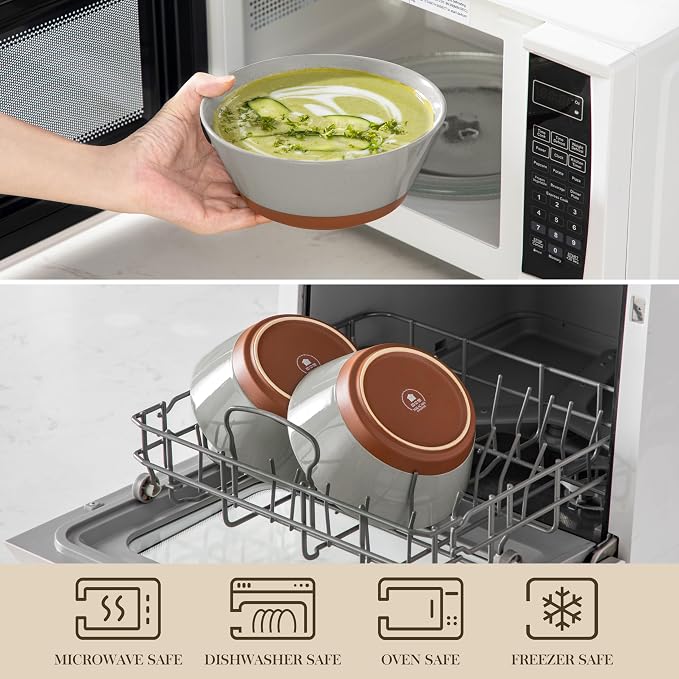 MALACASA Soup Bowls, Ceramic Salad Bowls Set of 4, 36oz Ceramic Bowls | Speckled Deep Bowls for Ramen, Cereal, Fruit and Pho, Microwave & Dishwasher Safe, Stackable, Grey & Brown, Series TARA