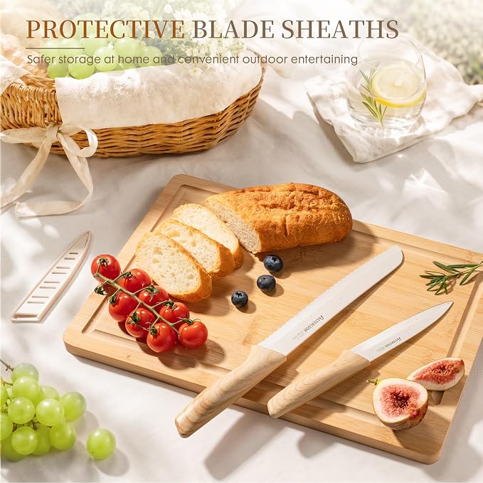 Astercook Knife Set, 13 Pieces Kitchen Knives Set with Ceramic Coating, Stainless Steel Chef Knife Sets with 6 Blade Guards, Dishwasher Safe Knives with Wood Grain Handle, Elegant White