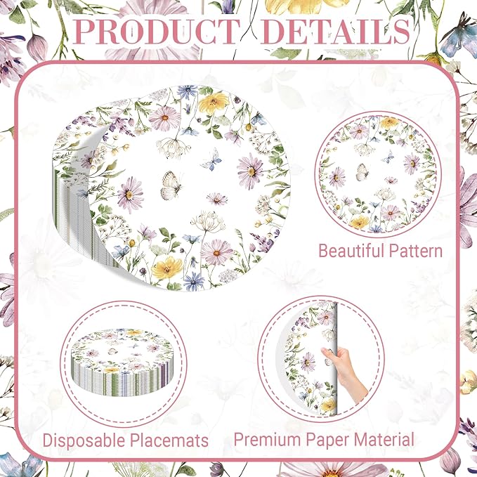 50PCS Floral Paper Placemats Disposable Table Mats, Elegant Flower Wreath Design, Summer Spring Wild Flowers Round Placemats Wedding/Brunch/Bride Party Supplies