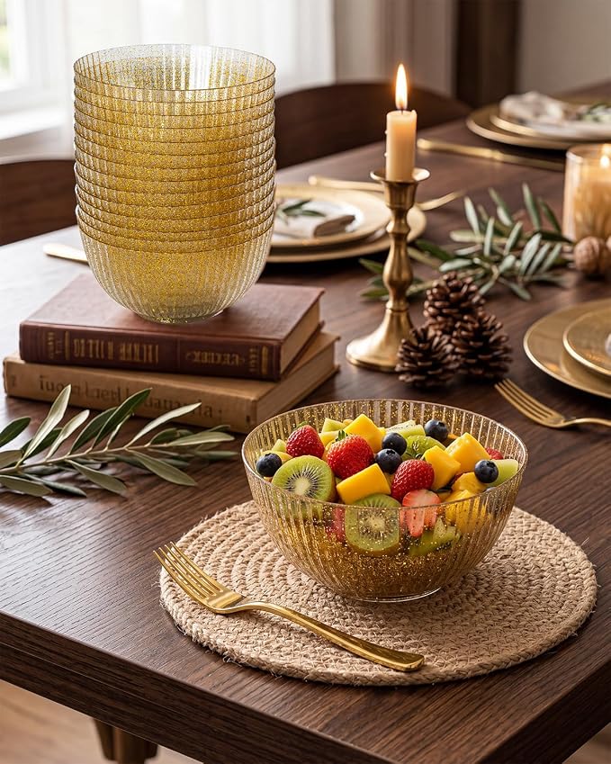bUCLA 12 PCS Plastic Cereal Bowls Set - 28 Oz Gold Glitter Disposable Vertical Stripes Serving Bowls for Snack, Salad, Dessert & Fruit