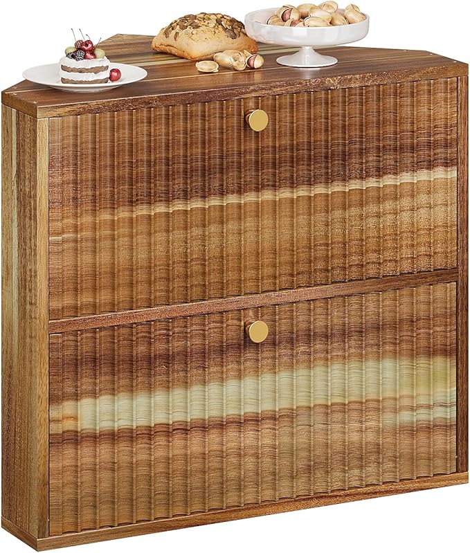 Trironsun Acacia Corner Bread Box for Kitchen Countertop Wood Two Layer Large Capacity Bread Storage Bin Vintage Storage for Homemade Bread (Acacia Wood)
