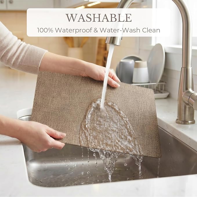 Romanstile Vinyl Placemats Set of 6-12 X 17 Inch - Faux Leather 100% Waterproof Wipeable Anti Slip Place Mats, Heat Resistant Reversible PU Table Mats for Kitchen Dining Party Outdoor, Coffee