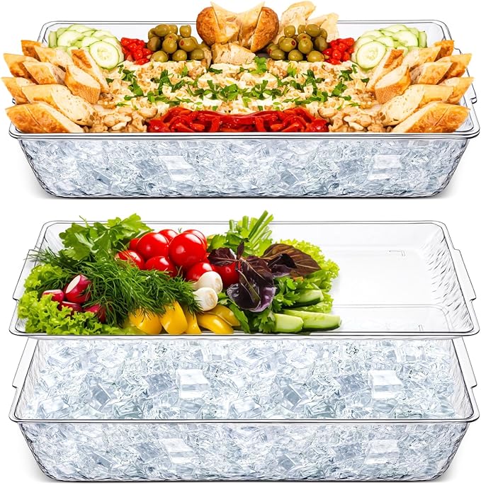 2 Set 16" x 9" Chilled Serving Tray with Compartments,Clear | Ice Chilled Party Platter, Charcuterie Serving Board, Cold Dish Dip Tray for Fruit, Seafood, Vegetable, Appetizer