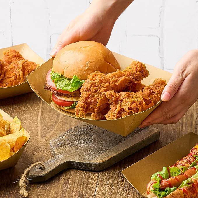 ZORRITA Extra Large Paper Food Trays, 5 LB, 100 Pack | Disposable, Kraft Paper, Nacho Trays, Food Boats, Party Serving Baskets, For Sandwiches Burgers Popcorns Snacks