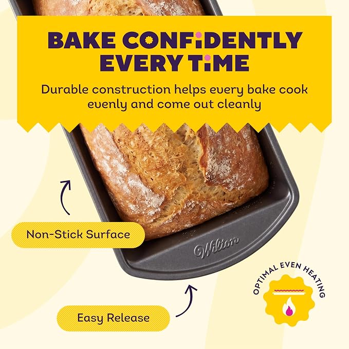 Wilton Gold Non-Stick Loaf Pan, Made Without PFAS, 9 x 5 in. | Non-Stick Steel with Scratch-Resistant Coating, Resists Warping & Extended Handles, Dishwasher Safe, Perfect for Breads