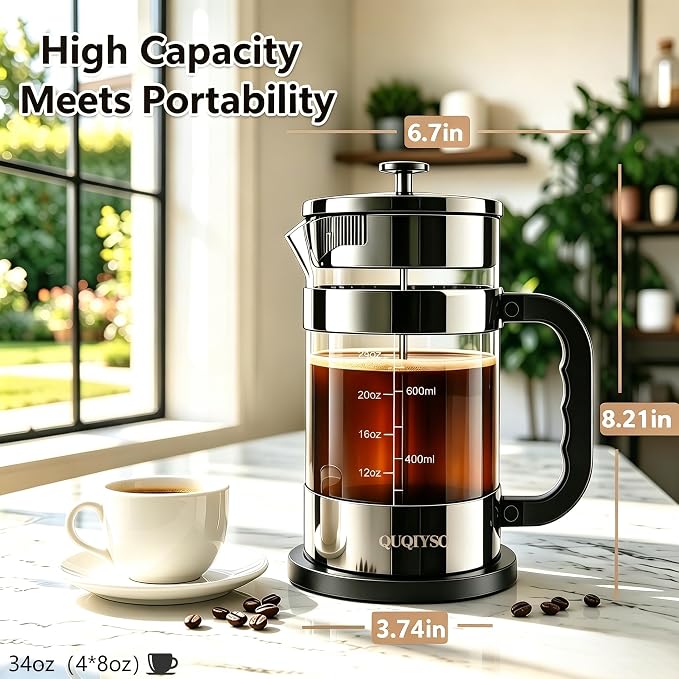 QUQIYSO French Press Coffee Maker 34oz, Thickened Glass Coffee French Press | Stainless Steel Coffee Press, 4 Filter Easy to Clean, Cold Brew Coffee Maker, Suitable for Kitchen Party Gifts(Dark Pewter)