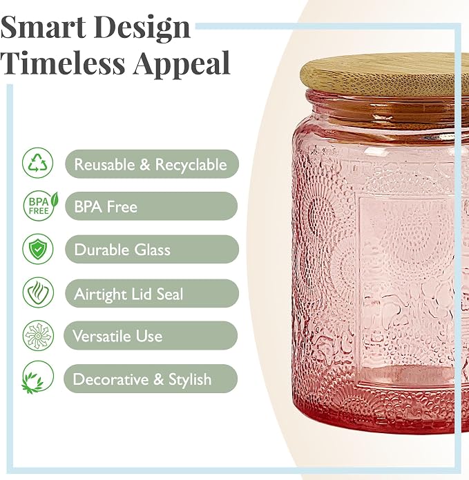 8 oz Decorative Small Glass Jars with Airtight Bamboo Lids, Pink 6 Pack | Vintage embossed color coated containers, kitchen pantry bathroom organization & decor, spices, DIY gifts, candle making