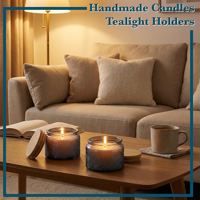 4 oz Decorative Small Glass Jars with Airtight Bamboo Lids, Grey 6 Pack | Vintage embossed color coated containers, kitchen pantry bathroom organization & decor, spices, DIY gifts, candle making